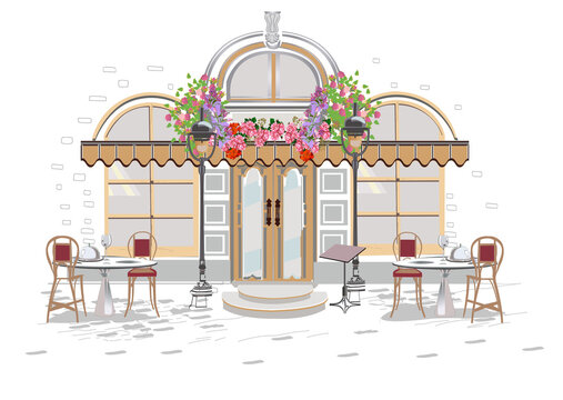 Series of backgrounds decorated with flowers, old town views and street cafes.    Hand drawn vector architectural background with historic buildings. 