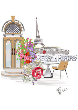 Design with the Eiffel tower, a cup of coffee and a caf&eacute; entrance. Lantern decorated with flowers. Hand drawn vector illustration.