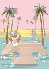 Series of summer backgrounds with blue sky and sea water, sun. People sunbathing on the beach. Hand drawn card illustration.