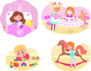 Kids with toys at home set. Little children playing games indoor vector illustration. Boy on floor with cubes building, with horse, girl in bed, having tea party at table with doll.
