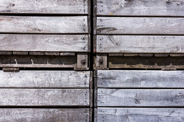 Closeup of multiple wooden fruit crates stacked on top of each other