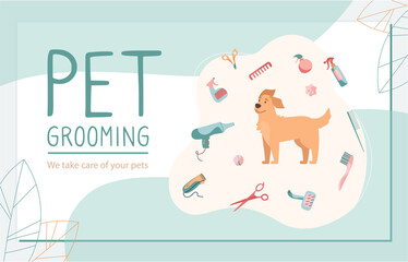 Vector business card for grooming salon. Illustration of a dog of the Golden Retriever breed and products for grooming hair and claws, hairdryer, shampoos, scissors and more. Flat style.