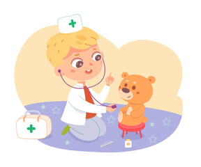 Little boy playing doctor with teddy bear. Happy kid with toy as patient in hospital vector illustration. Cute child treating sick plush toy. Childhood activity at home scene