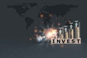 Money with light bulb and cube. Investment in business and financial concept of growth and success. Investor data analysis for planning in strategy of stock market fund. Invest for earning or profit