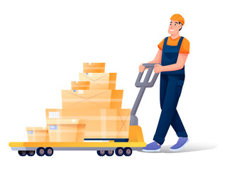 Warehouse worker cartoon character. Handymen loading cardboard boxes. Storehouse employee using forklifter professional equipment. Distribution, logistics, shipment isolated clipart.