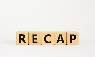 Recap symbol. The concept word 'recap' on wooden cubes on beautiful white background, copy space. Business and recap concept.