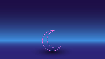 Neon moon symbol on a gradient blue background. The isolated symbol is located in the bottom center. Gradient blue with light blue skyline