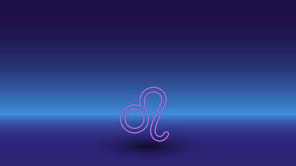 Neon zodiac leo symbol on a gradient blue background. The isolated symbol is located in the bottom center. Gradient blue with light blue skyline