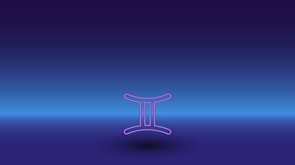 Neon zodiac gemini symbol on a gradient blue background. The isolated symbol is located in the bottom center. Gradient blue with light blue skyline