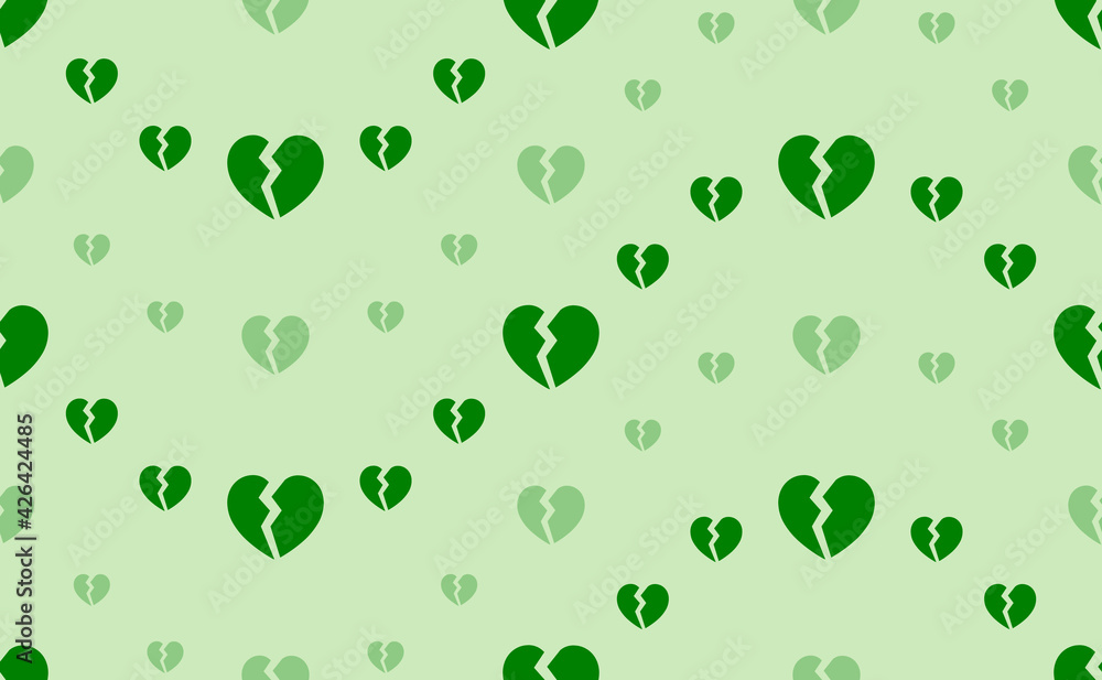 Poster seamless pattern of large and small green broken heart symbols. the elements are arranged in a wavy.