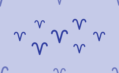 Seamless pattern of large isolated blue zodiac aries symbols. The pattern is divided by a line of elements of lighter tones. Vector illustration on light blue background