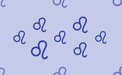 Seamless pattern of large isolated blue zodiac leo symbols. The pattern is divided by a line of elements of lighter tones. Vector illustration on light blue background