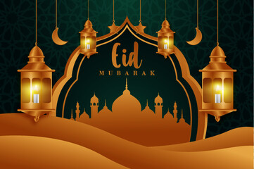 Eid al-Fitr background template with lanterns, moon and stars. for banners, greeting cards, posters, social media posts