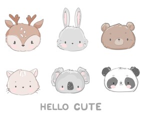 Cute Set Animal Vector Illustration, Bear, Cat, Bunny, Koala, Panda, Deer kids trend design print