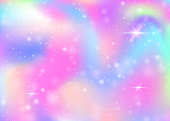 Naklejka na ściany i meble Fairy background with rainbow mesh. Girlie universe banner in princess colors. Fantasy gradient backdrop with hologram. Holographic fairy background with magic sparkles, stars and blurs.