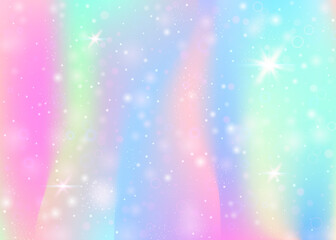 Hologram background with rainbow mesh. Trendy universe banner in princess colors. Fantasy gradient backdrop. Hologram unicorn background with fairy sparkles, stars and blurs. © Holo Art