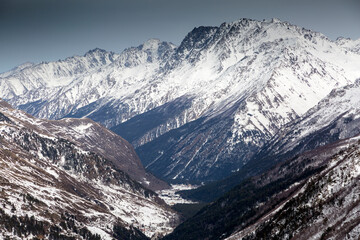 Fototapeta na wymiar Snowy mountain peaks. North Caucasus, Kabardino-Balkaria, Elbrus, Russia.