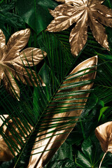 Tropical layout with various fresh golden and green palm leaves on dark background. Minimal summer exotic abstract concept. Creative natural close up texture pattern. Flat lay, top view.