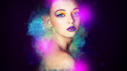 Make up Woman. Fashion model girl portrait with colorful powder makeup. Close-up lady face,...