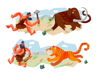 Cavemen hunting animals in Stone Age set. Prehistoric ancient history vector illustration. Men running after mammoth with axe, away from tiger. Savage hunters with animals in nature