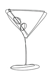 Vector illustration of glass with martini cocktail and olives in one line endless style. The element is isolated on a white background. Can be applied as a sticker, icon, logo.
