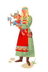 Viking woman with kid. Medieval Norway people and mythology vector illustration. Young mother with happy child standing and holding axe in hand isolated on white background