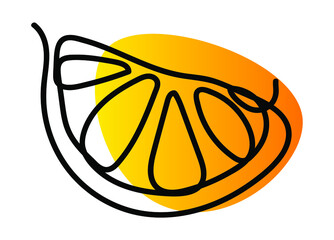 Vector illustration of orange in one line endless style. Orange and yellow abstract spot background. Can be applied as a sticker, icon, logo.