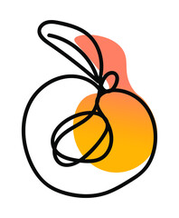 Vector illustration of peach in one line endless style. Background of peach-orange color abstract spot. Can be applied as a sticker, icon, logo.