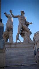 Obraz premium Dioscuri Fountain ( Fontana dei Dioscuri) located near Quirinal Palace (Palazzo del Quirinale). Rome. Italy.
