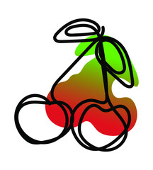 Vector illustration of cherry in one line endless style. Red-green abstract blot background. Can be applied as a sticker, icon, logo.
