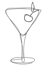 Vector illustration of glass with martini cocktail and cherry in one line endless style. The element is isolated on a white background. Can be applied as a sticker, icon, logo.
