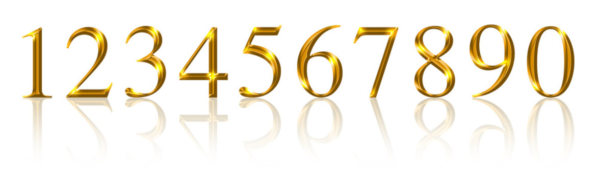 Golden numbers, from one to zero over white. Ten gold colored, metallic shimmering and three-dimensional numerals with reflections, to express an anniversary, a jubilee or another value. Illustration.