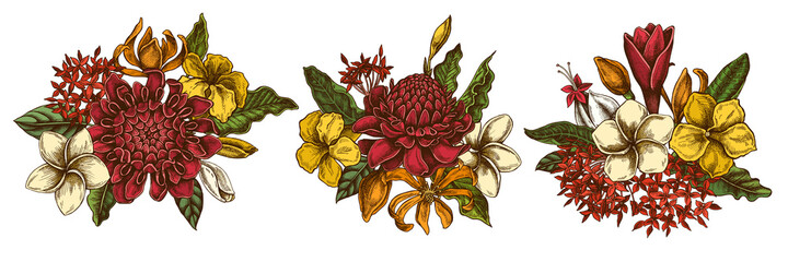 Flower bouquet of colored plumeria, allamanda, clerodendrum, champak, etlingera, ixora
