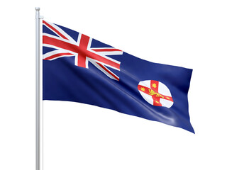 New South Wales (state of Australia) flag waving on white background, close up, isolated. 3D render
