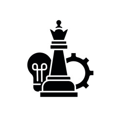 Strategy concept glyph icon. Queen with light bulb and gear. Chess idea. Vector isolated illustration.
