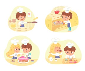 Kids cooking and baking pastry set. Little girl and boy in hat and apron making pie, pancakes, cake, doughnuts vector illustration. Young chefs preparing sweet food in kitchen