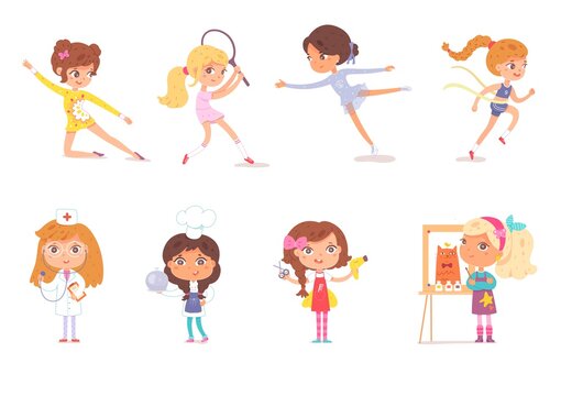 Girl professions and sports set. Kids with professional occupations vector illustration. Nurse, cook, painter, haidresser, sportswomen: gymnastics, tennis, figure skating, athletics