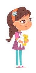 Happy little girl standing with toy and book. Joyful smiling child in glasses with cheerful face expression. Cute kid in good mood with rabbit in hands vector illustration