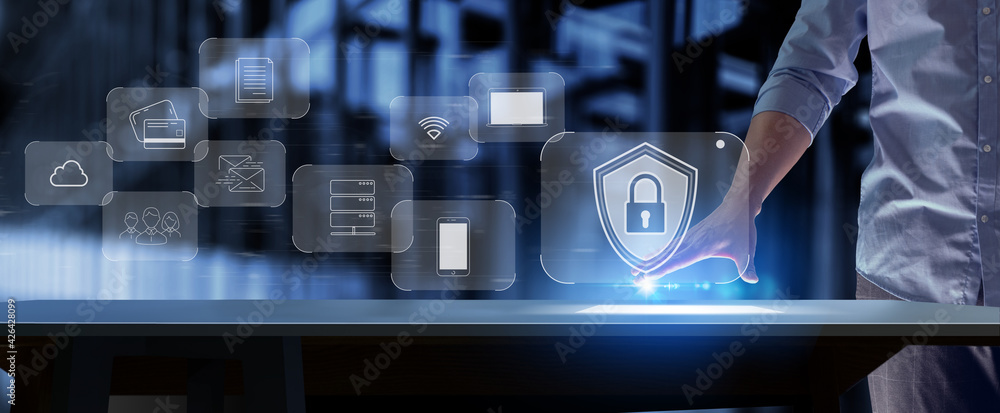 Poster internet,Cyber,security concept,Businessman working with modern computer for Data protection, information safety and encryption, secured access to user personal data.