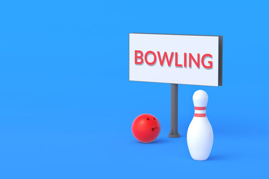 Ball and pin near billboard with word bowling. Advertising of a sporting goods store. Information about the competition, the tournament. Leisure games. Sports equipment. Copy space. 3d render