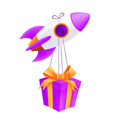 A flying rocket delivering gift box. Vector illustration of a pink spaceship with the wrapped box express delivery concept isolated on a white background