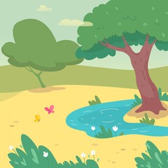 Sunny park with pond on summer day. Trees, sky with clouds, butterfly, grass and lawn background. Relaxing scene in nature vector illustration. Horizontal view of beautiful landscape.