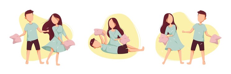 Pillow fight in pajamas. Pajama party. Time at home during quarantine. Vector illustration on isolated background.