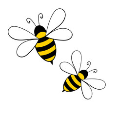 Cartoon bee mascot. A small bees flies. Wasp collection. Vector characters. Incest icon. Template design for invitation, cards. Doodle style
