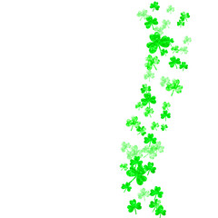 St patricks day background with shamrock. Lucky trefoil confetti. Glitter frame of clover leaves. Template for voucher, special business ad, banner. Greeting st patricks day backdrop.