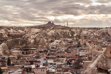 Landscape of Goreme  from sunset view point, View down the town  at sunset. Cappadocia. Nevsehir Province. Turkey.