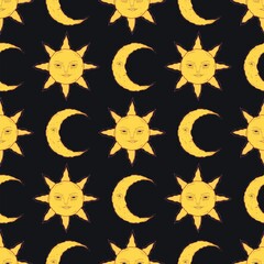 seamless pattern for astrology, celestial alchemy. Heavenly art for the zodiac, tarot, device of the universe, crescent moon with a face, clouds, sun with the moon on a black background. Esoteric 