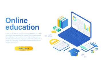 Modern design isometric concept of online education for website and mobile website. Landing page template.