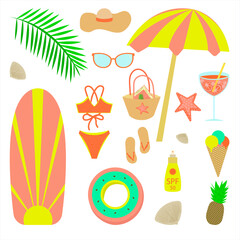 set of beach holiday elements with umbrella, surf, swimwear, palm leaf, hats, glasses, bag, flip flops, inflatable circle, spray tanning, cocktail, starfish ice cream and pineapple on white background