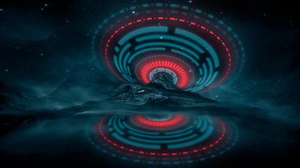 Fototapeta premium Futuristic fantasy night landscape with abstract landscape and island, moonlight, radiance, moon, neon. Dark natural scene with light reflection in water. Neon space galaxy portal. 3D illustration. 